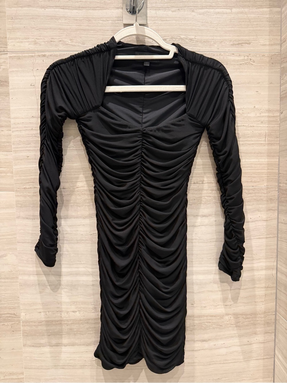 Michael Costello Black Ruched Long-Sleeve Bodycon Midi Dress